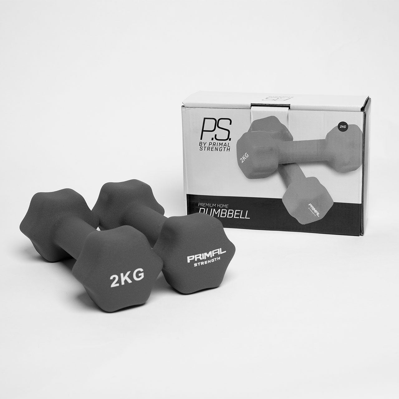 A 2kg pair of grey dumbbells with packaging, designed for home use.