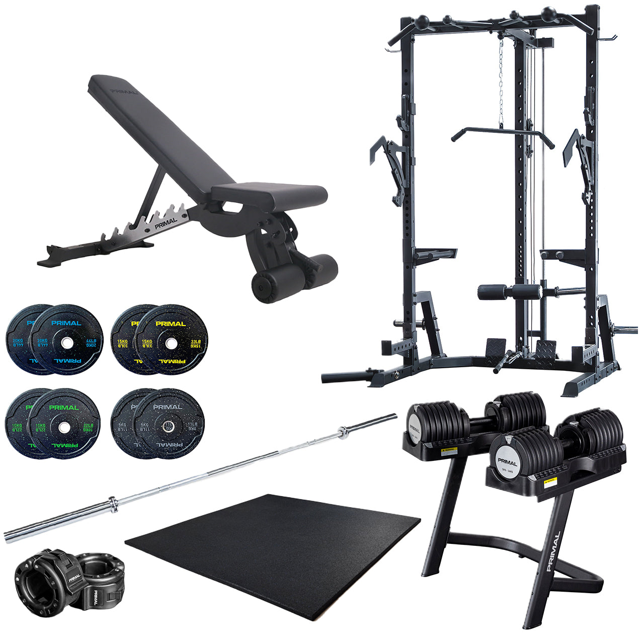 A home gym package including a half rack, adjustable gym bench, bumper plates, collars, adjustable dumbbells, gym mat and barbell.