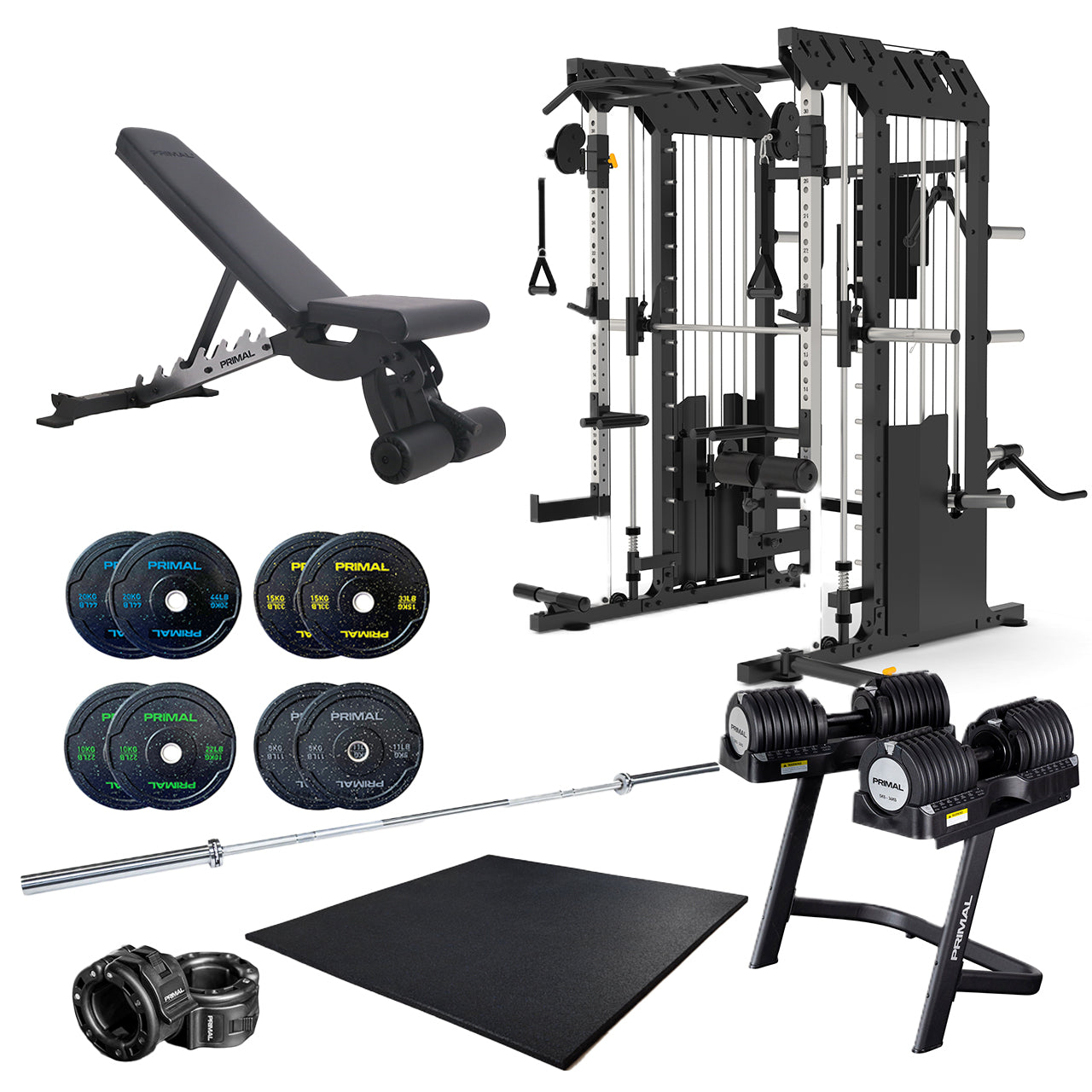 A home gym package including a half rack, adjustable gym bench, bumper plates, barbell, gym mat, collars and adjustable dumbbells.