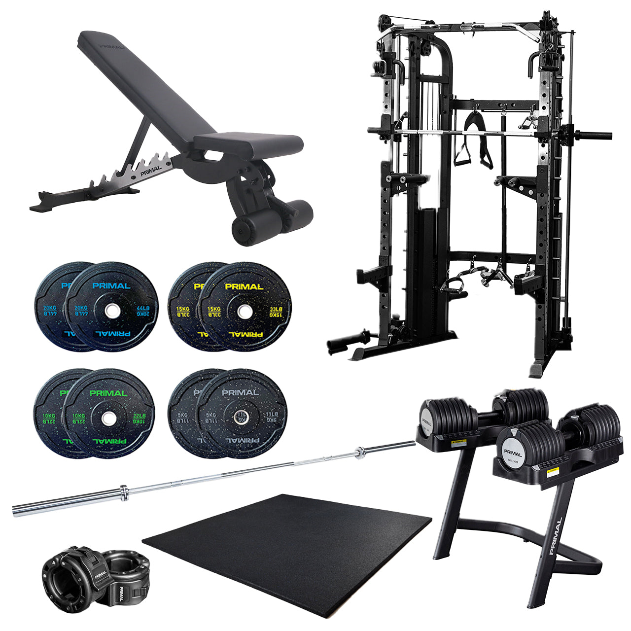 A package including adjustable bench, rack system, bumpers, adjustable dumbbells, barbell, gym mat and collars.