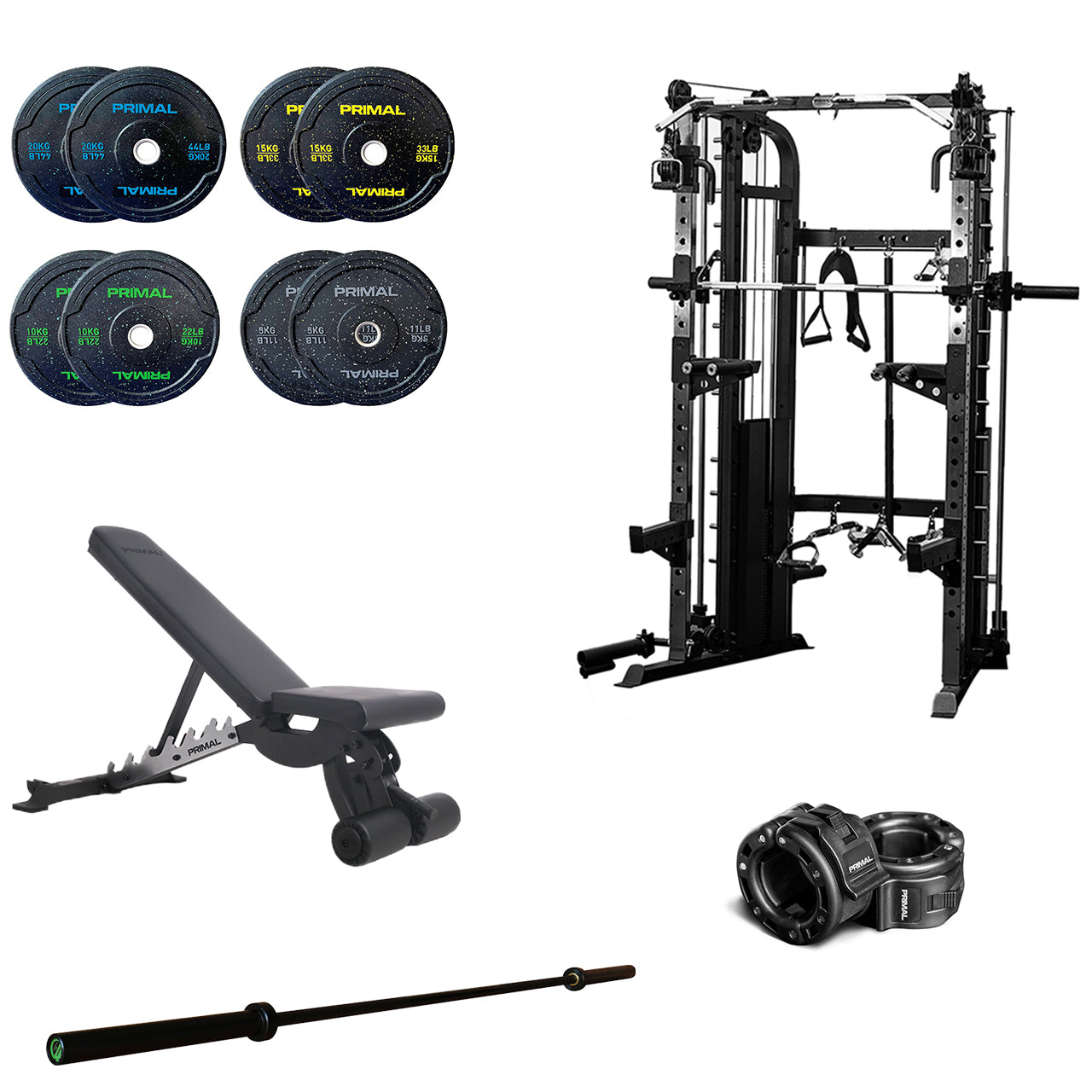 A commercial package containing a half gym rack, adjustable gym bench, bumper plates, barbell and collars.