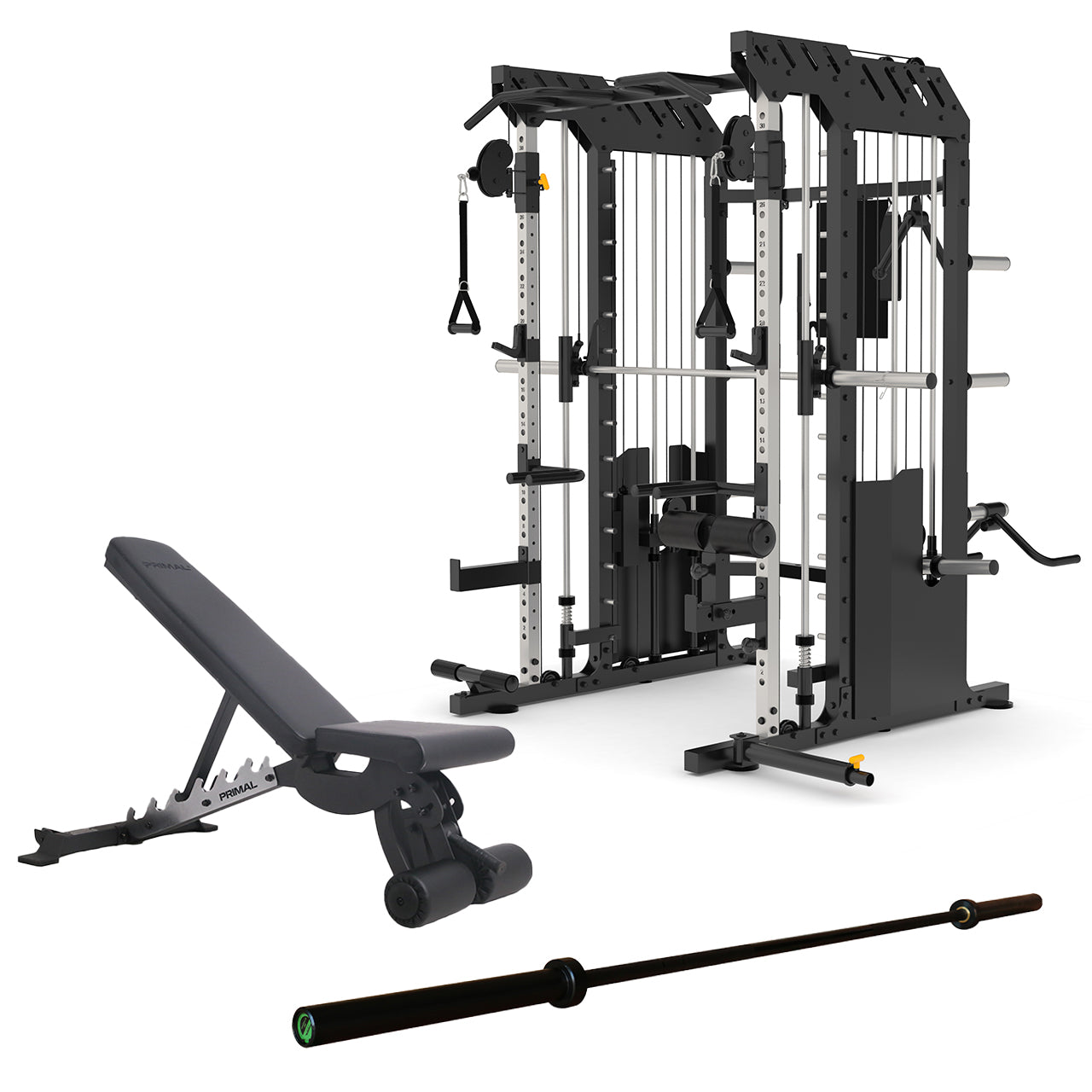 A home gym package containing a half gym rack, adjustable gym bench and barbell.