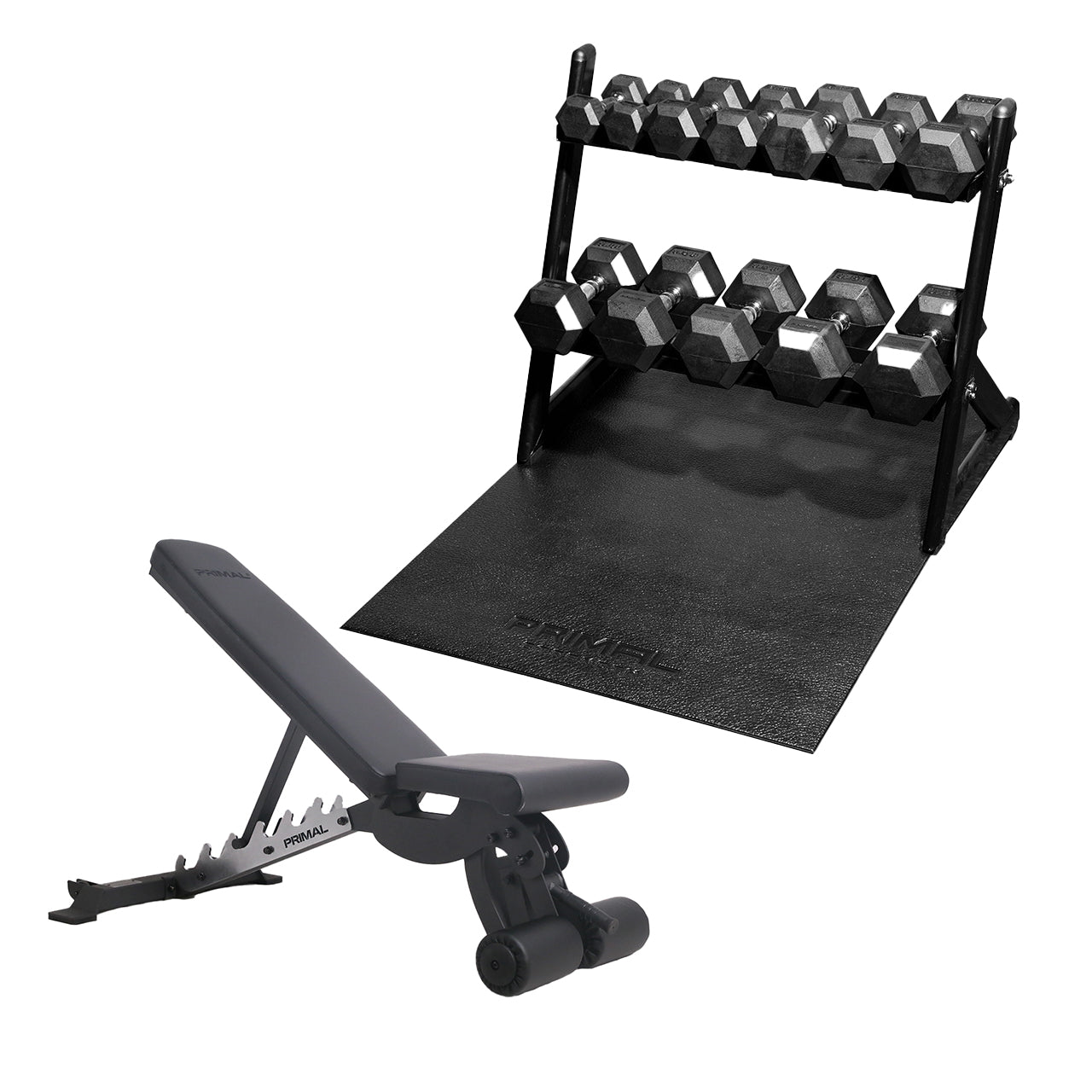 An adjustable gym bench with a hex dumbbell set complete with a rack & mat.