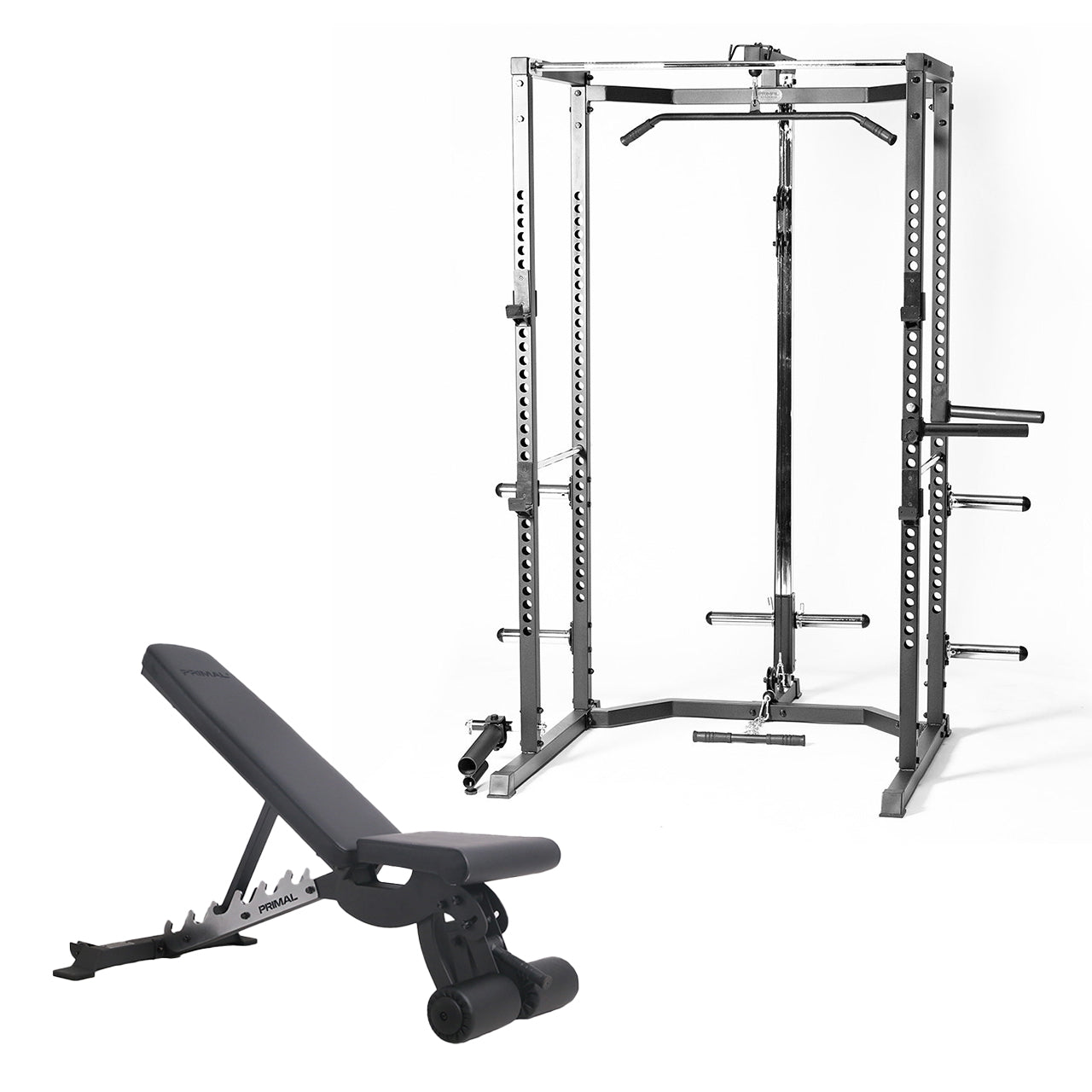 A half gym rack and adjustable gym bench.