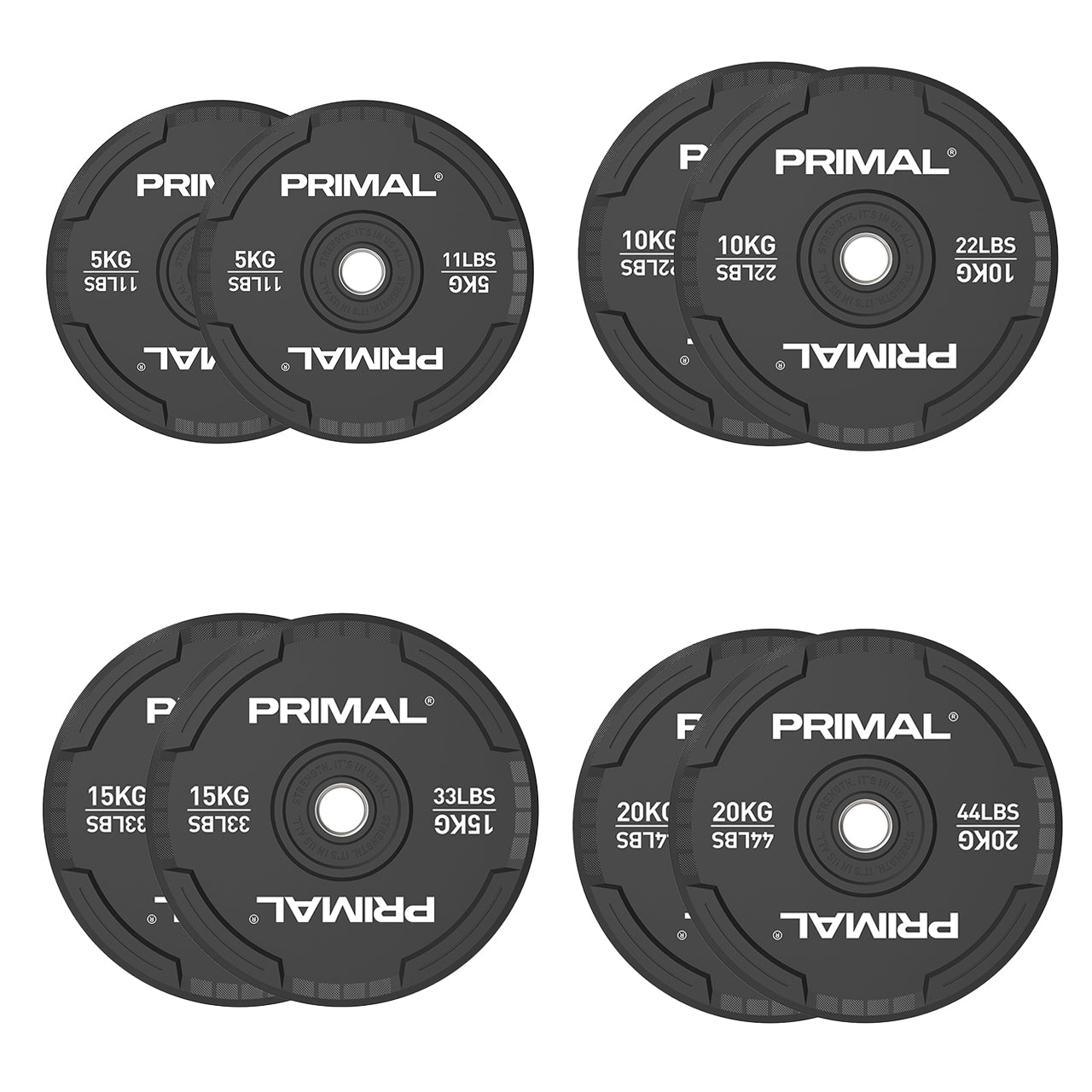 A 100kg set of black rubber bumper plates with quad grip handles.