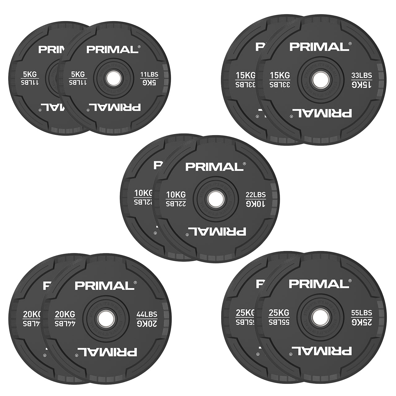 A 150kg set of black rubber bumper plates with quad grip handles.