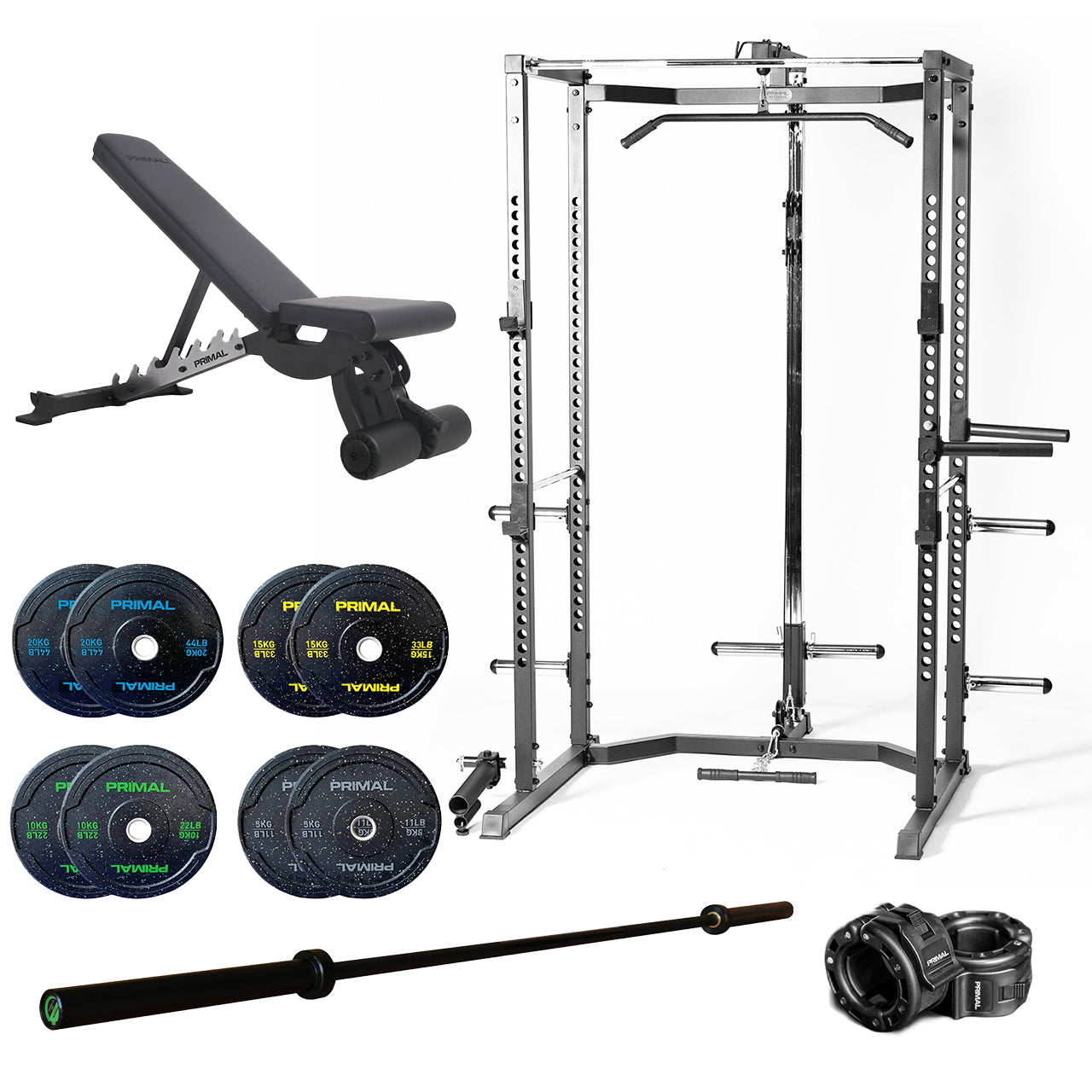 A home gym package including a half rack, adjustable gym bench, bumper plates, barbell and collars.