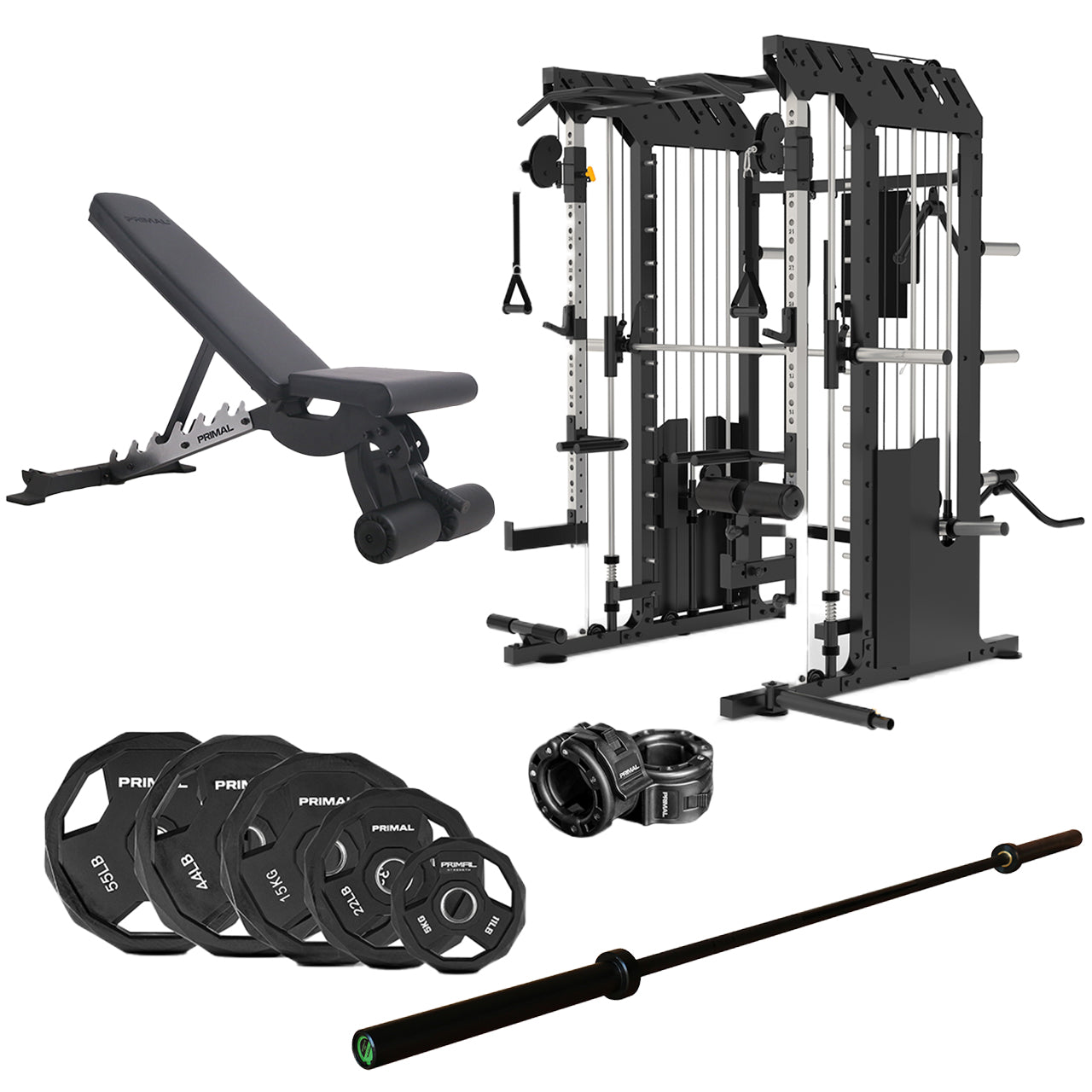 A package of home gym products including a half rack, adjustable bench, barbell, weight discs and collars.