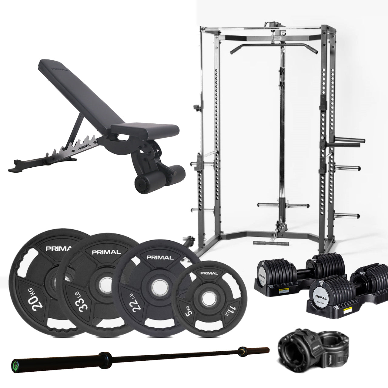 A package of home gym products including a half rack, adjustable bench, adjustable dumbbells, barbell, weight discs and collars.