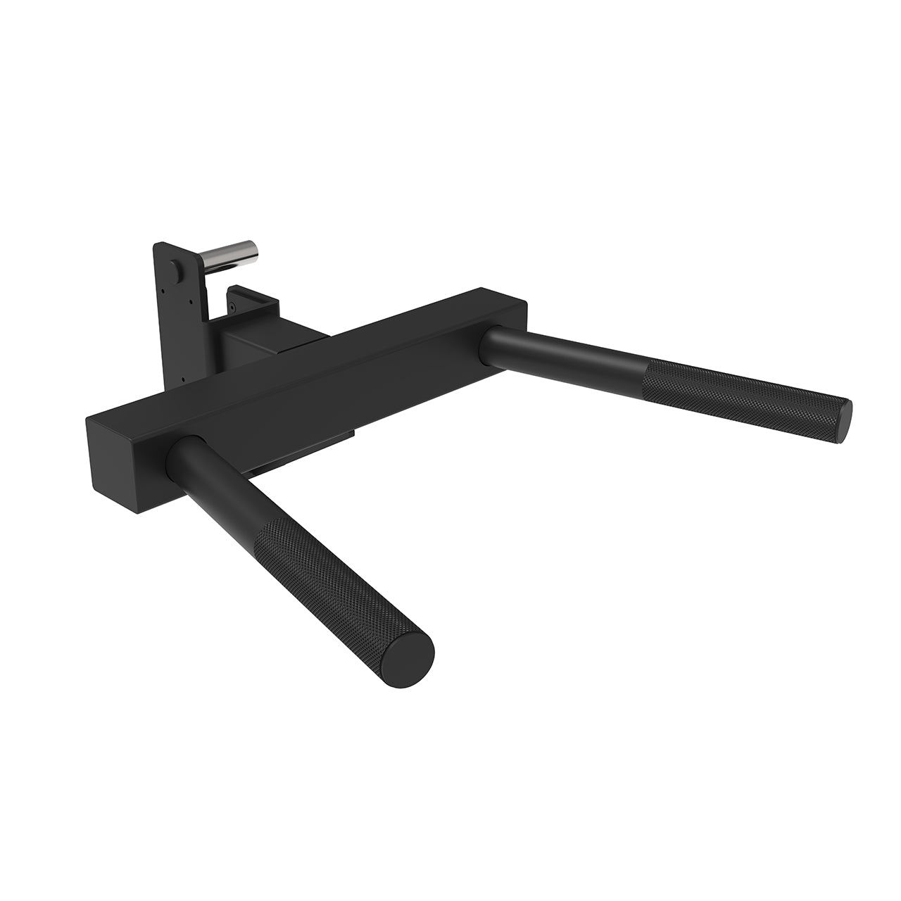 Angled view of dip handle attachment for modular rigs and racks.