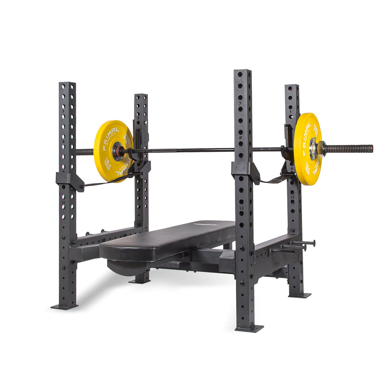 An Olympic safety weight bench loaded with a barbell and bumper plates.