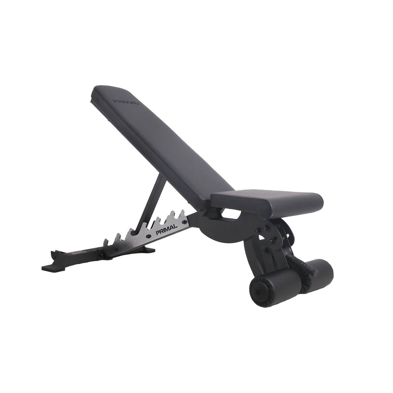 A black adjustable gym bench with foot support.