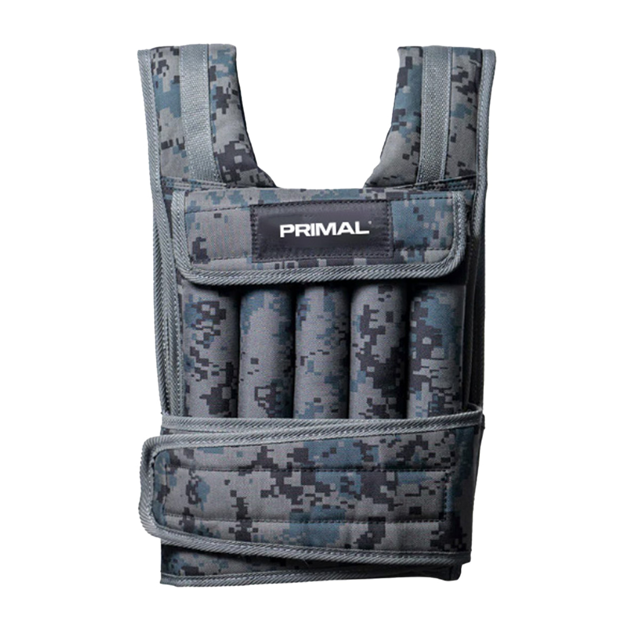 Face on view of a camouflage 20kg weighted vest.