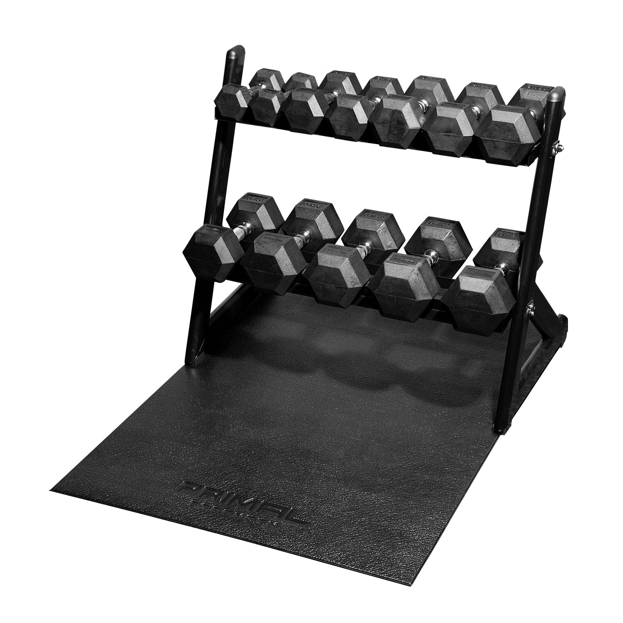 A full 2-tier small hex dumbbell rack on a black fitness mat.