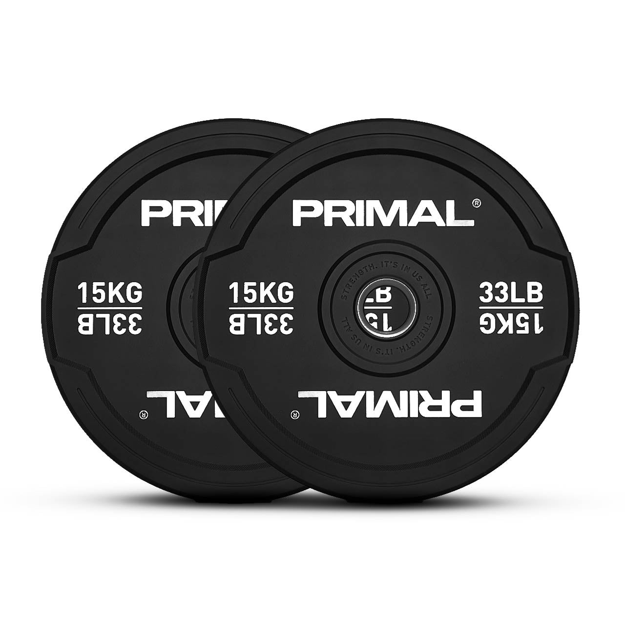 A 15kg pair of black rubber bumper plates with dual grip handles.