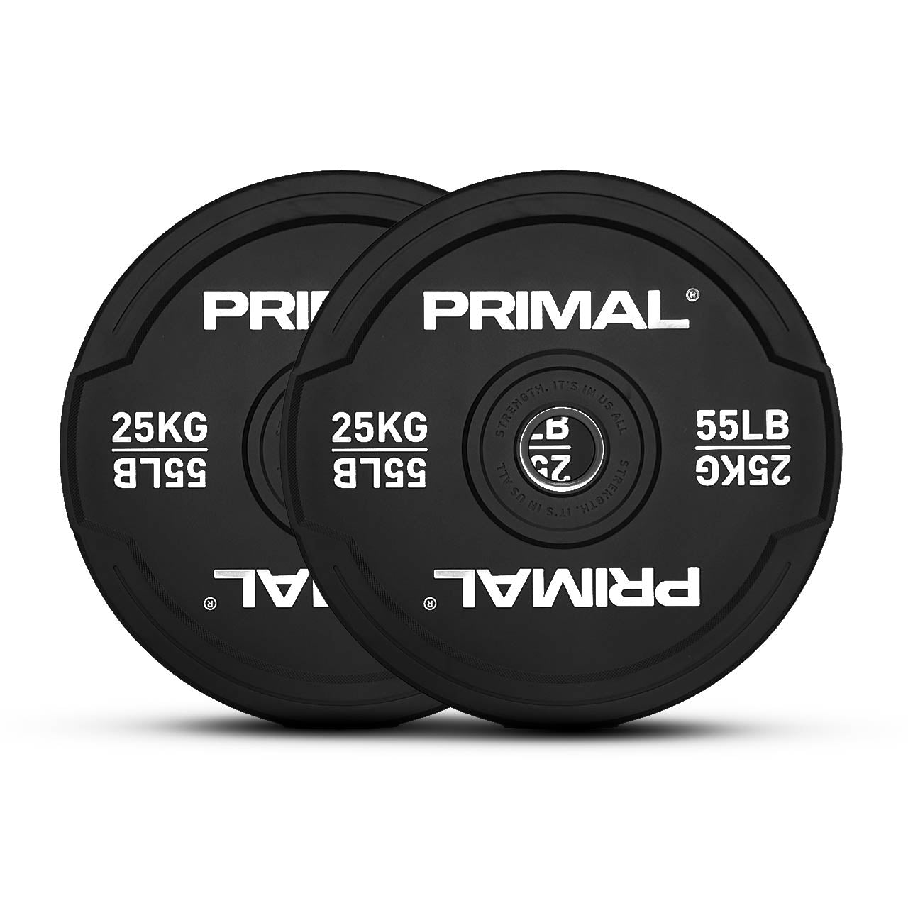 A 25kg pair of black rubber bumper plates with dual grip handles.