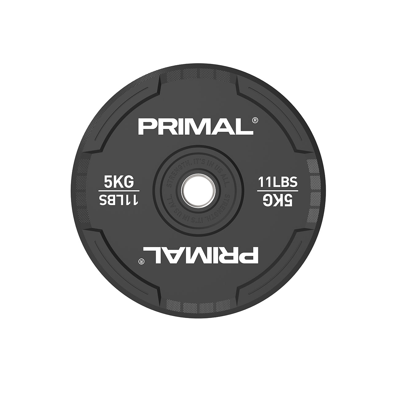 A 5kg single black rubber bumper plate with quad grip handles.