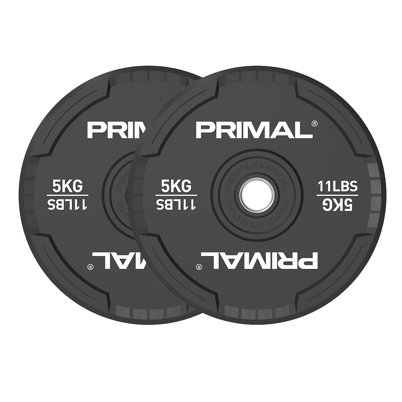 A 5kg pair of black rubber bumper plates with quad grip handles.