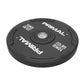 A 10kg single black rubber bumper plate with quad grip handles lying on a floor.