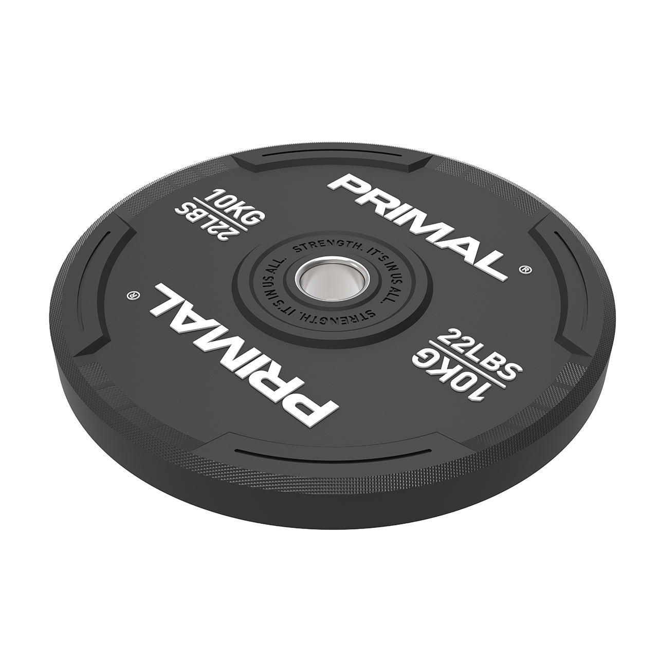 A 10kg single black rubber bumper plate with quad grip handles lying on a floor.