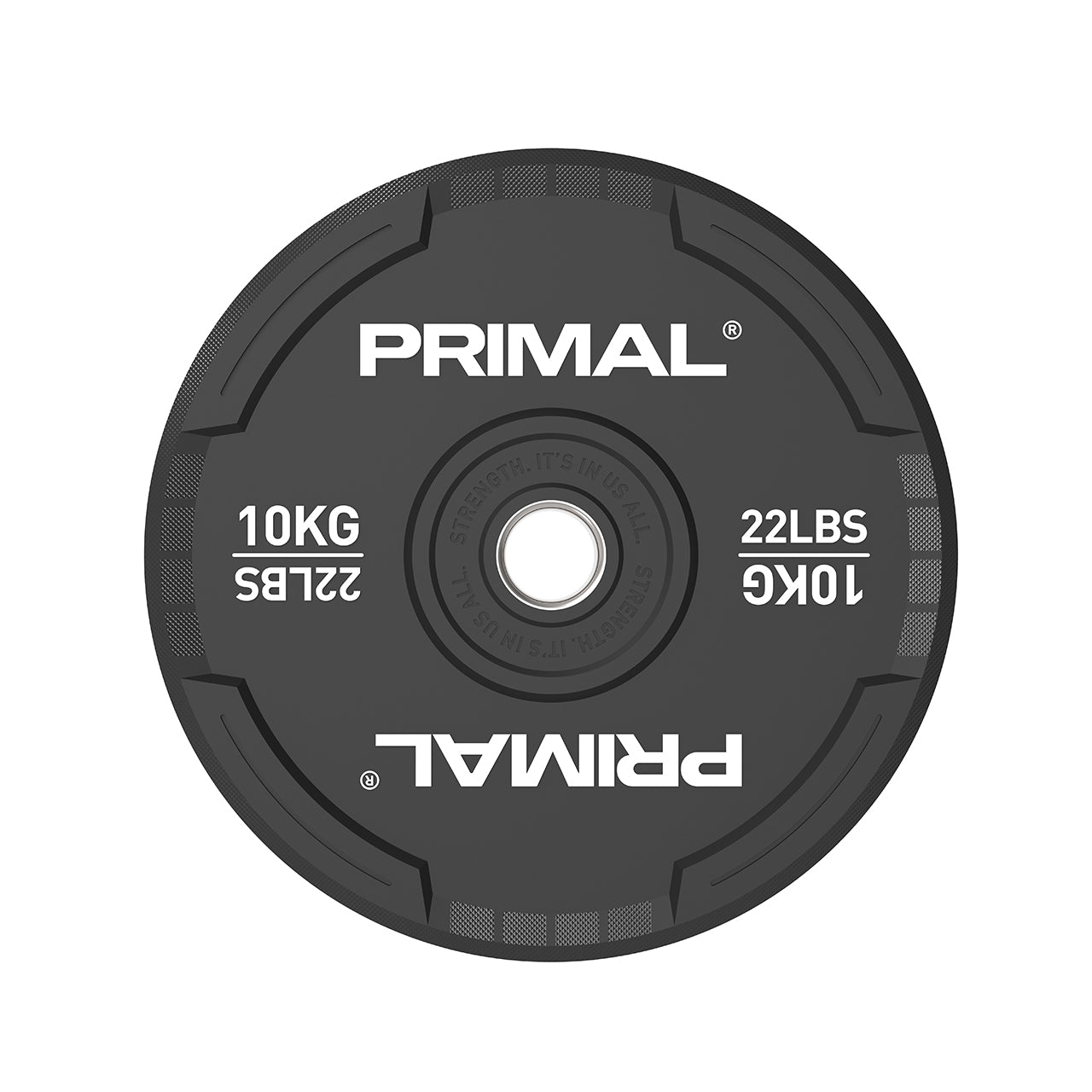 A 10kg single black rubber bumper plate with quad grip handles.