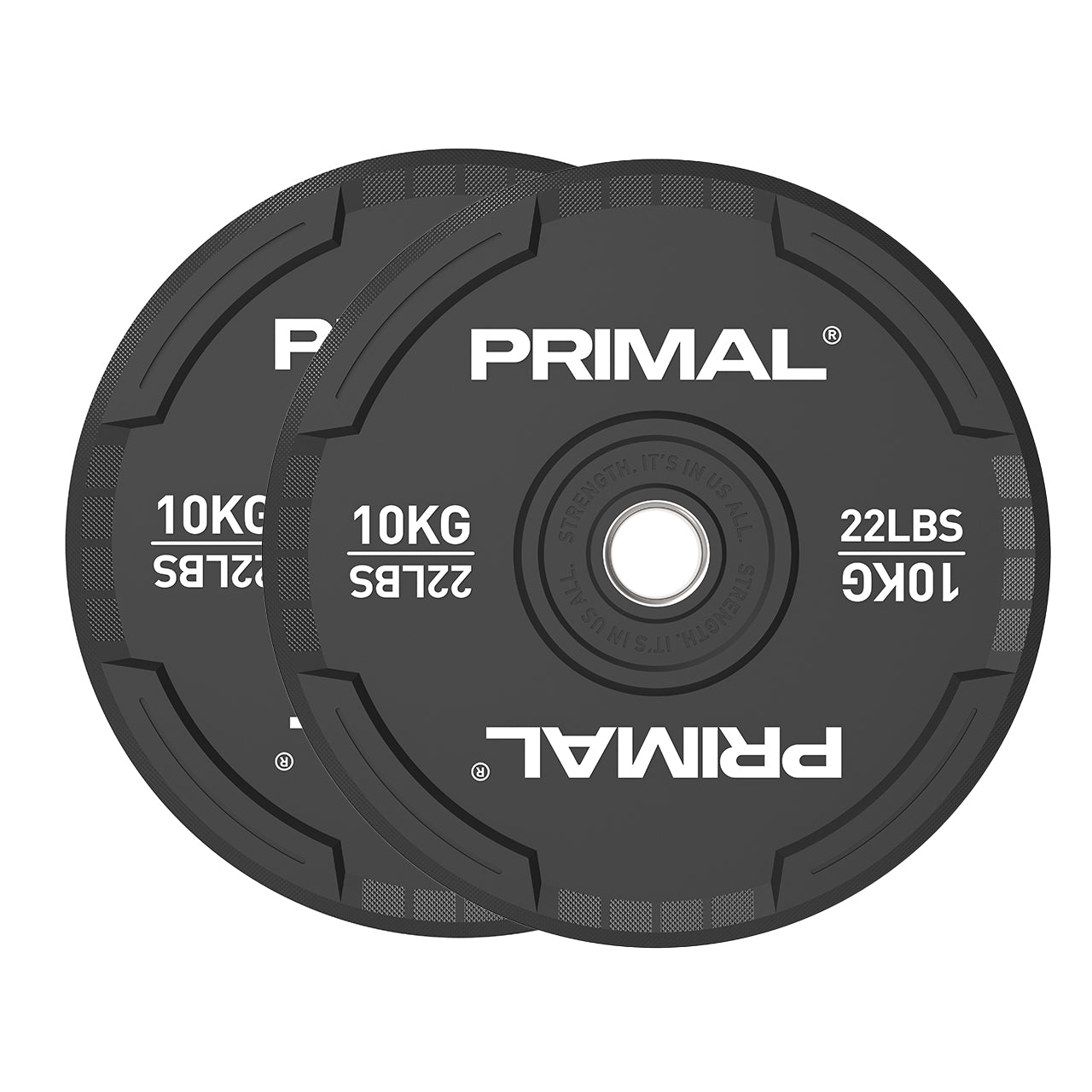 A 10kg pair of black rubber bumper plates with quad grip handles.