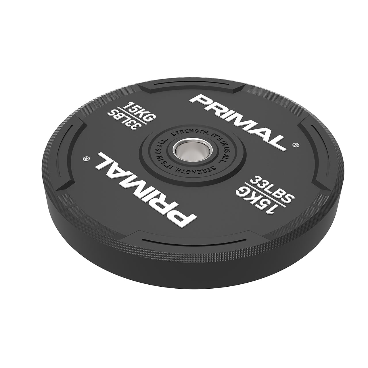 A 15kg single black rubber bumper plate with quad grip handles lying on a floor.