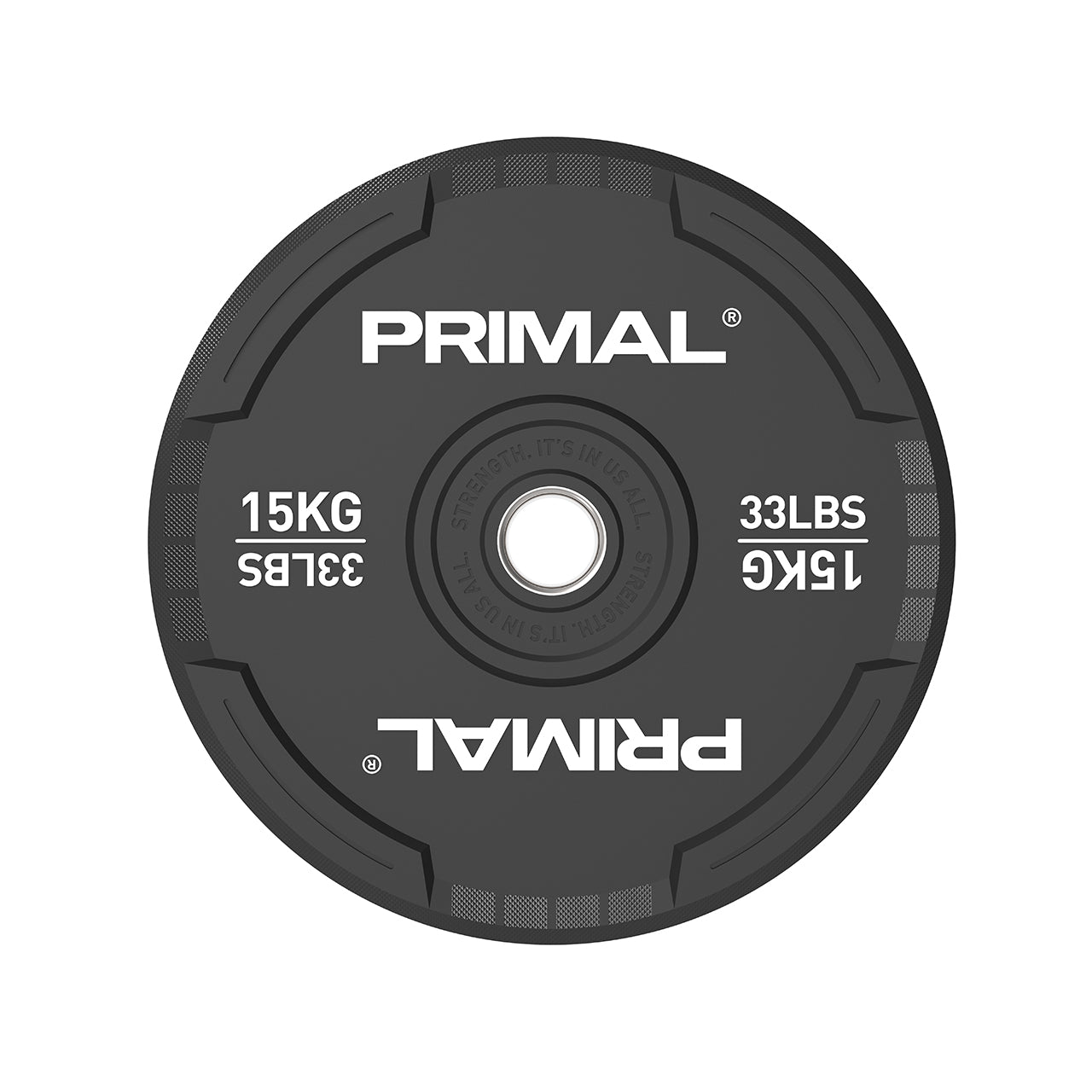 A 15kg single black rubber bumper plate with quad grip handles.