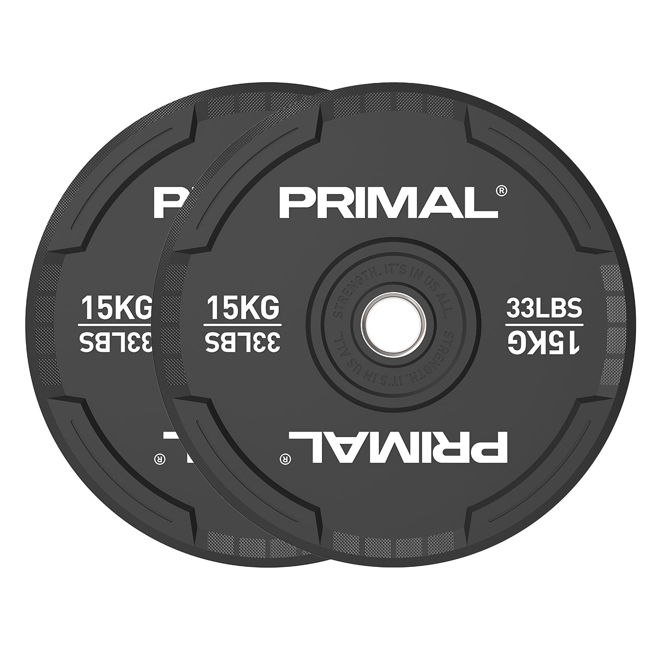 A 15kg pair of black rubber bumper plates with quad grip handles.