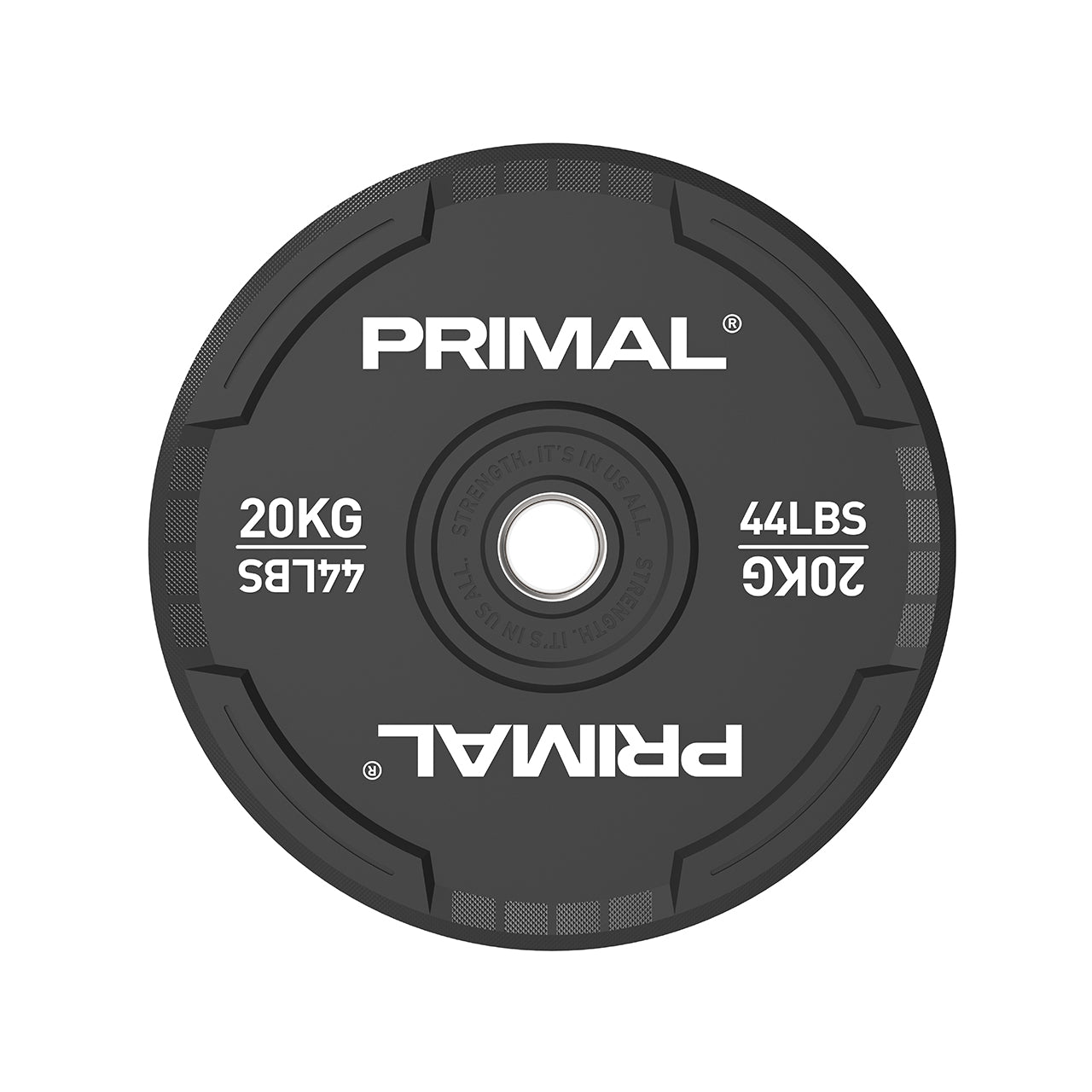 A 20kg single black rubber bumper plate with quad grip handles.