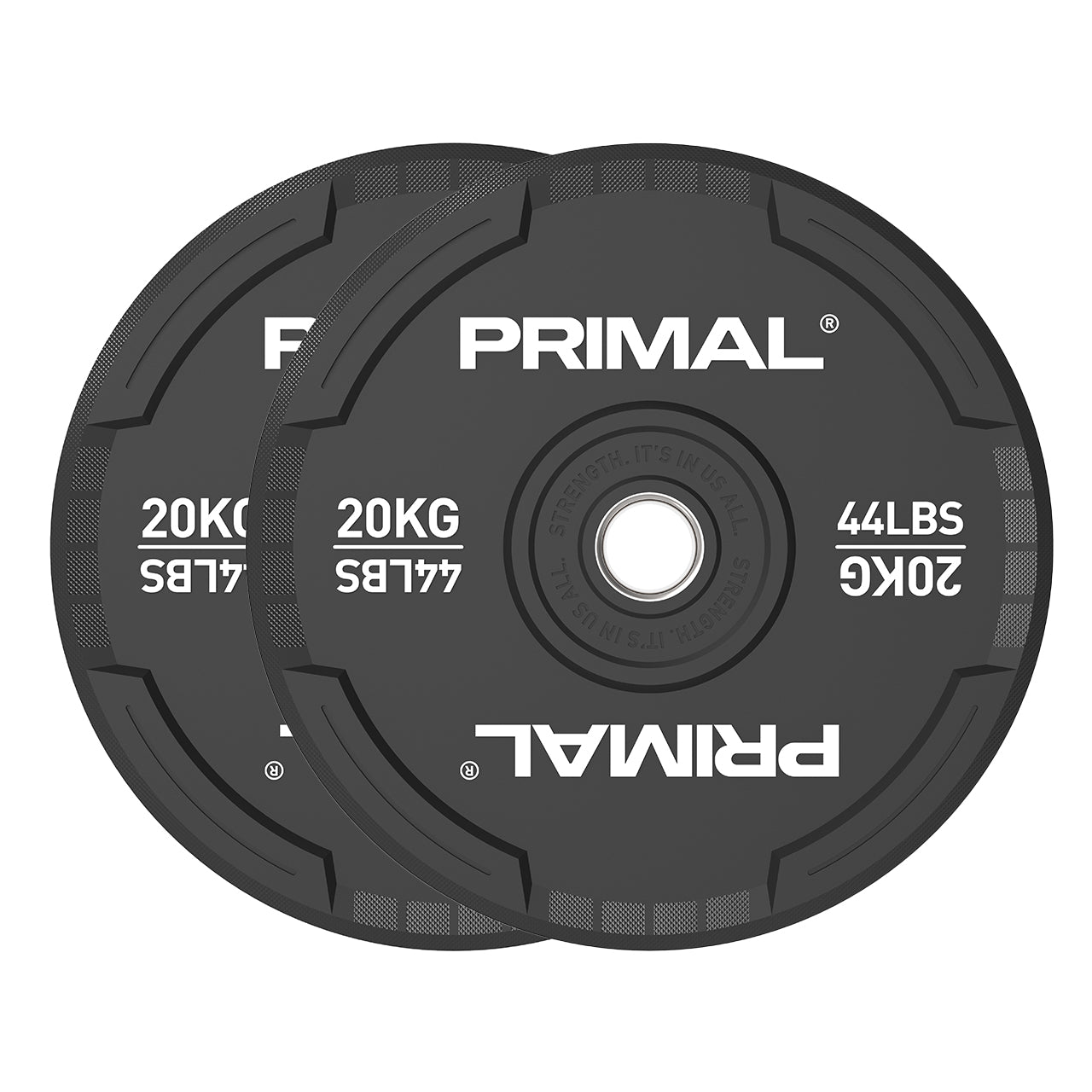 A 20kg pair of black rubber bumper plates with quad grip handles.