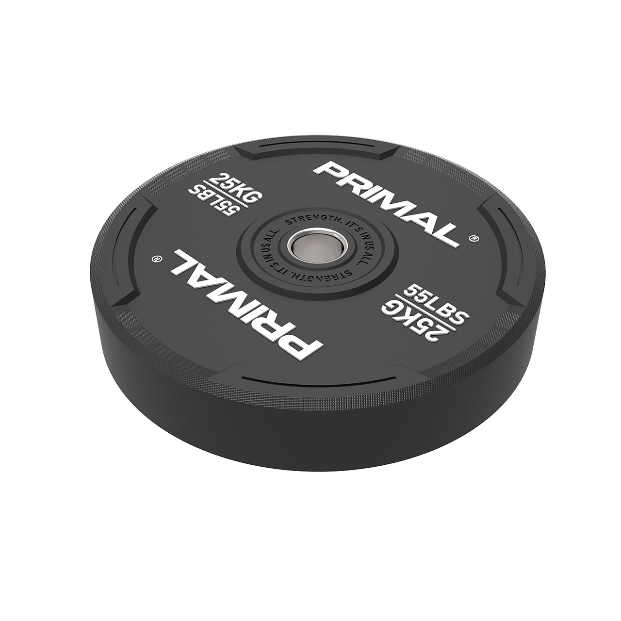 A 25kg single black rubber bumper plate with quad grip handles lying on a floor.