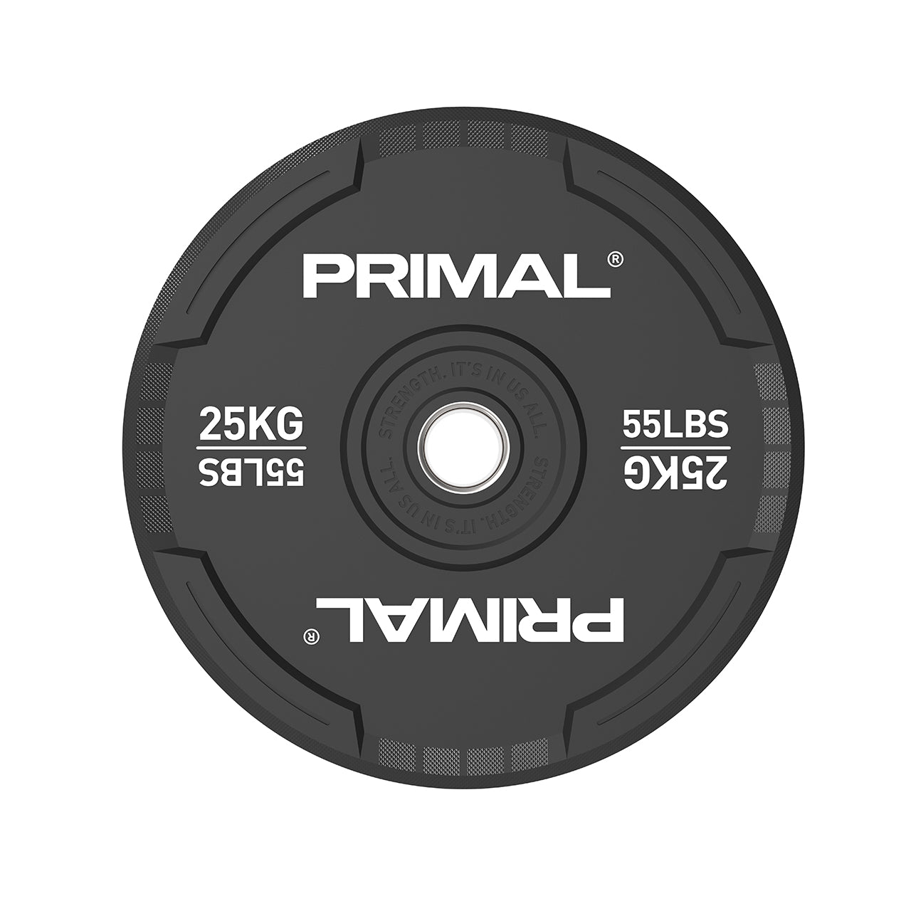 A 25kg single black rubber bumper plate with quad grip handles.