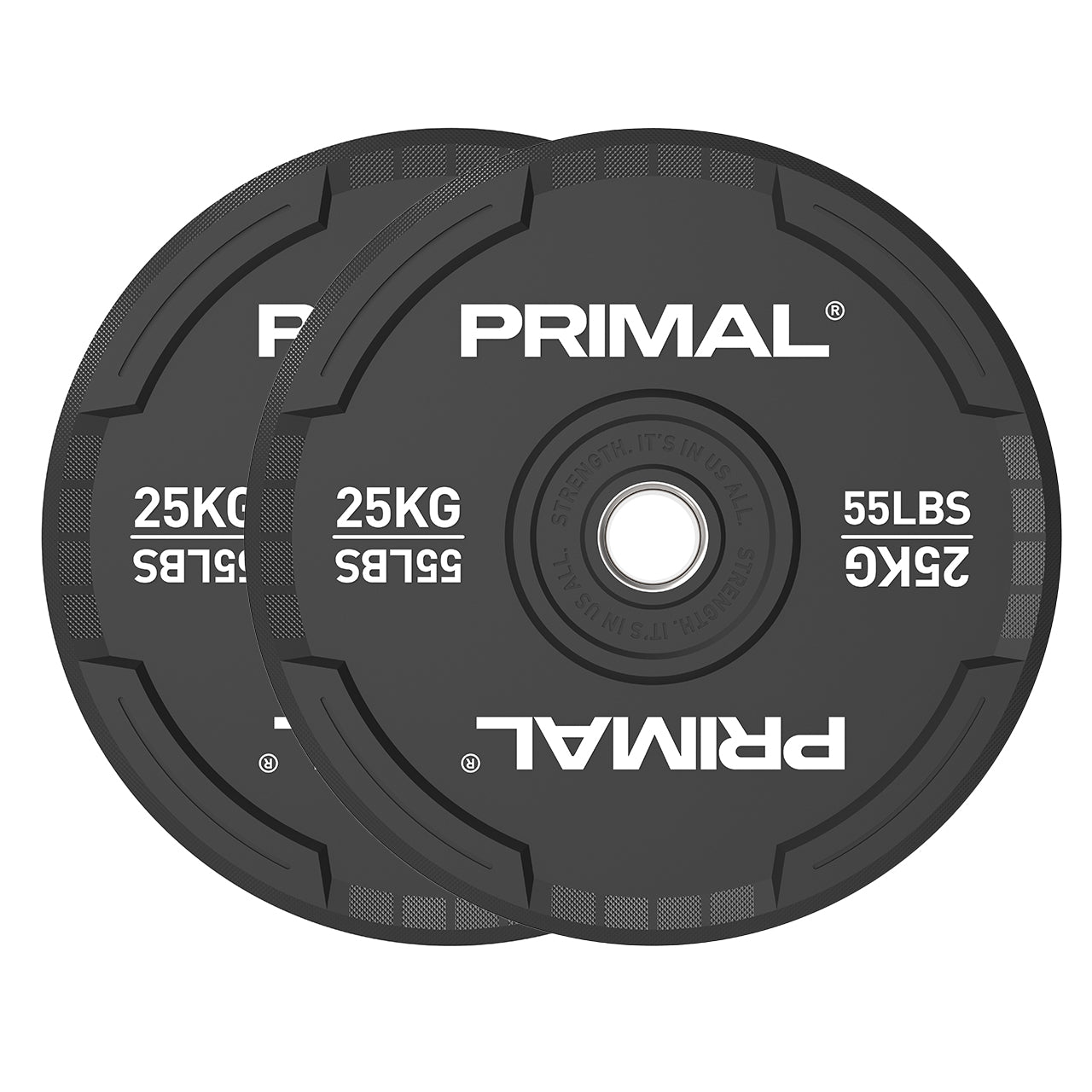 A 25kg pair of black rubber bumper plates with quad grip handles.