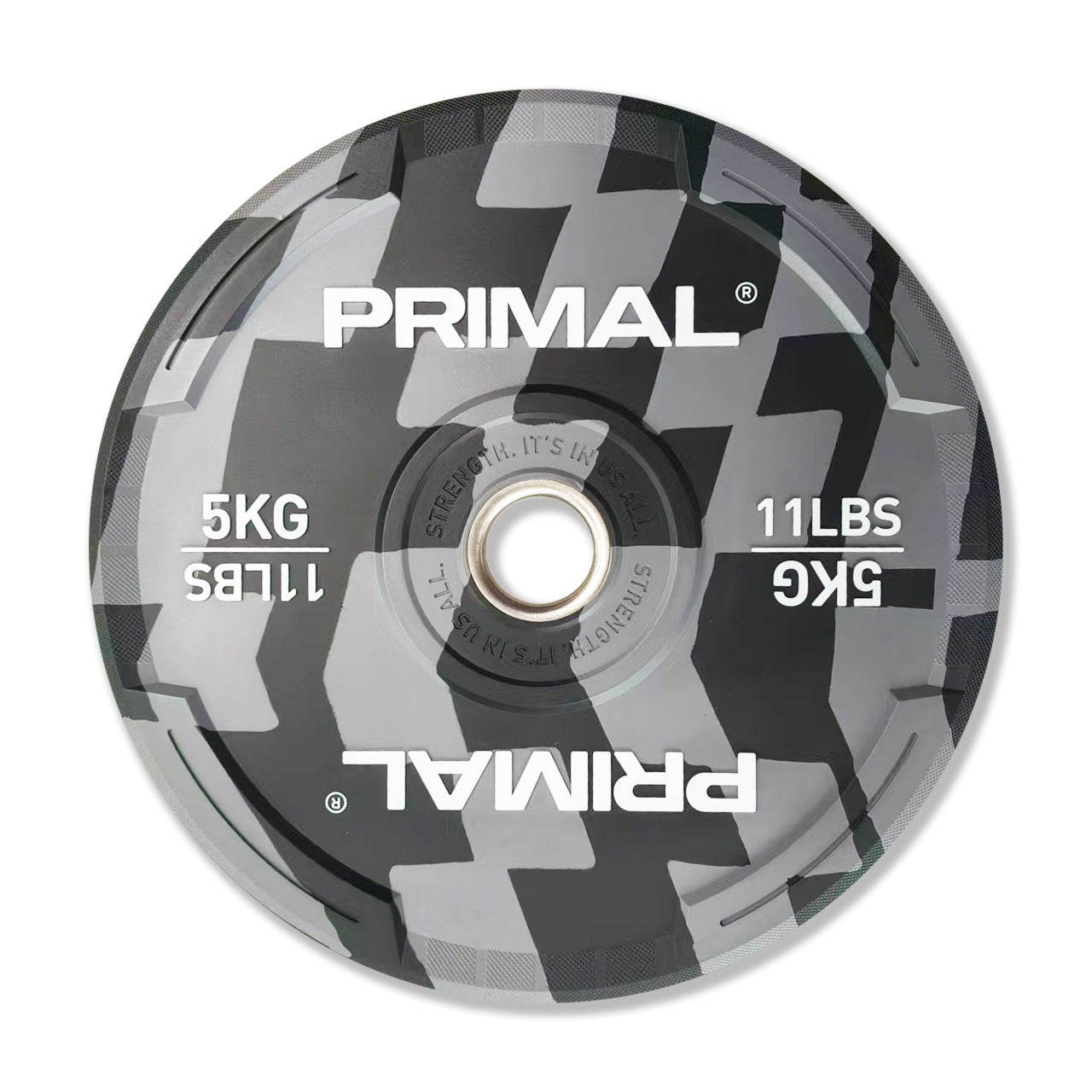 A 5kg patterned colour rubber bumper plate.