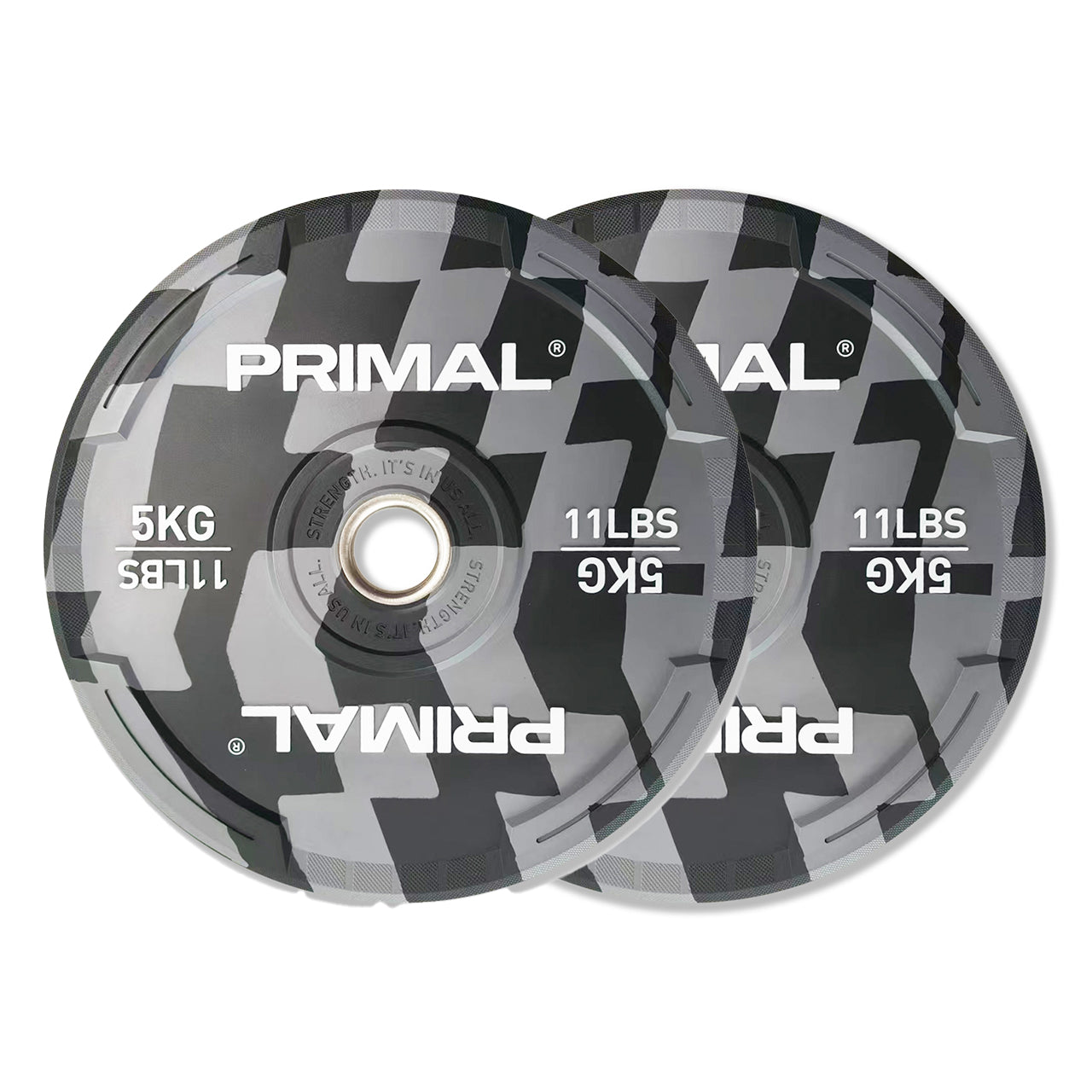 A pair of 5kg grey and black patterned bumper plates.