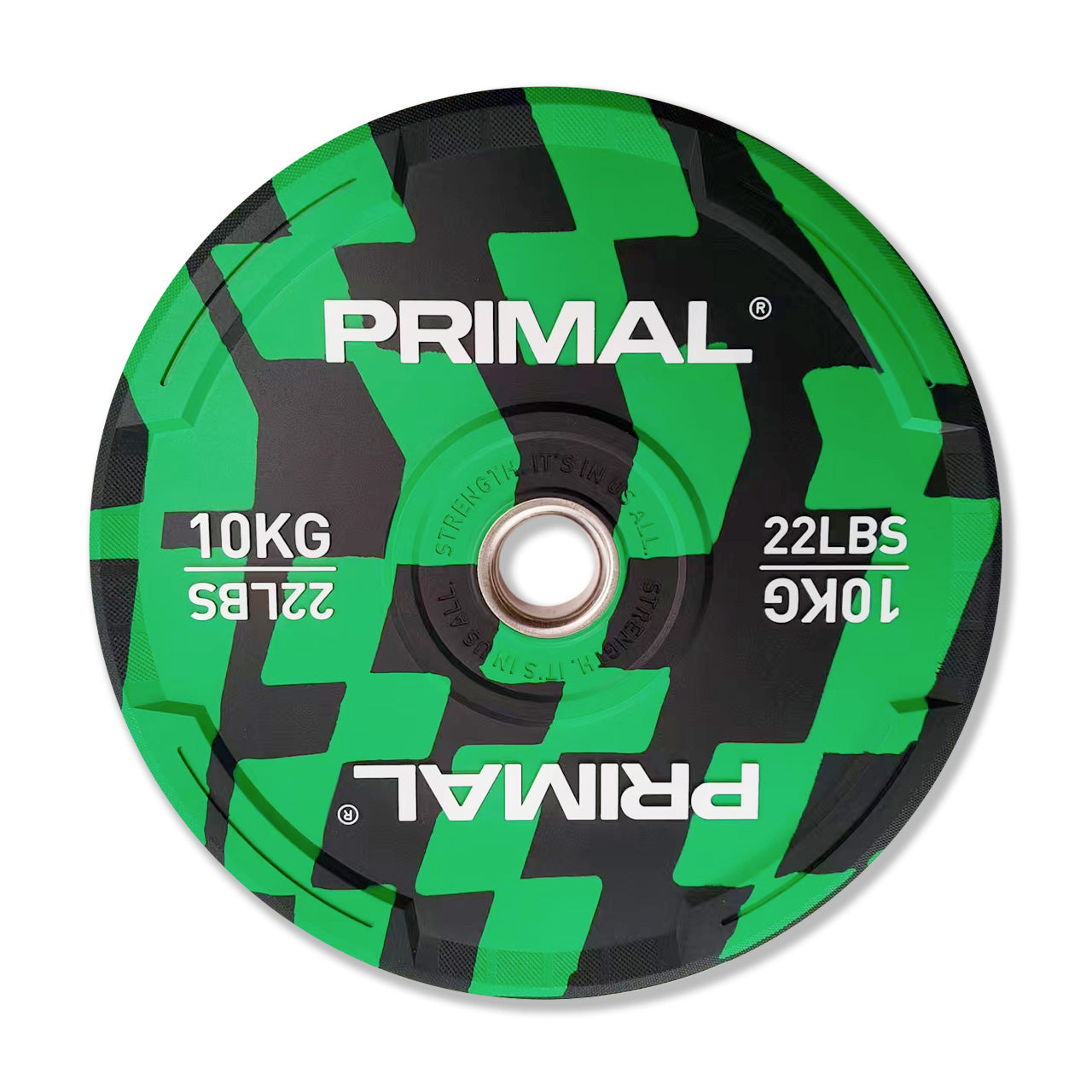 A 10kg patterned colour rubber bumper plate.