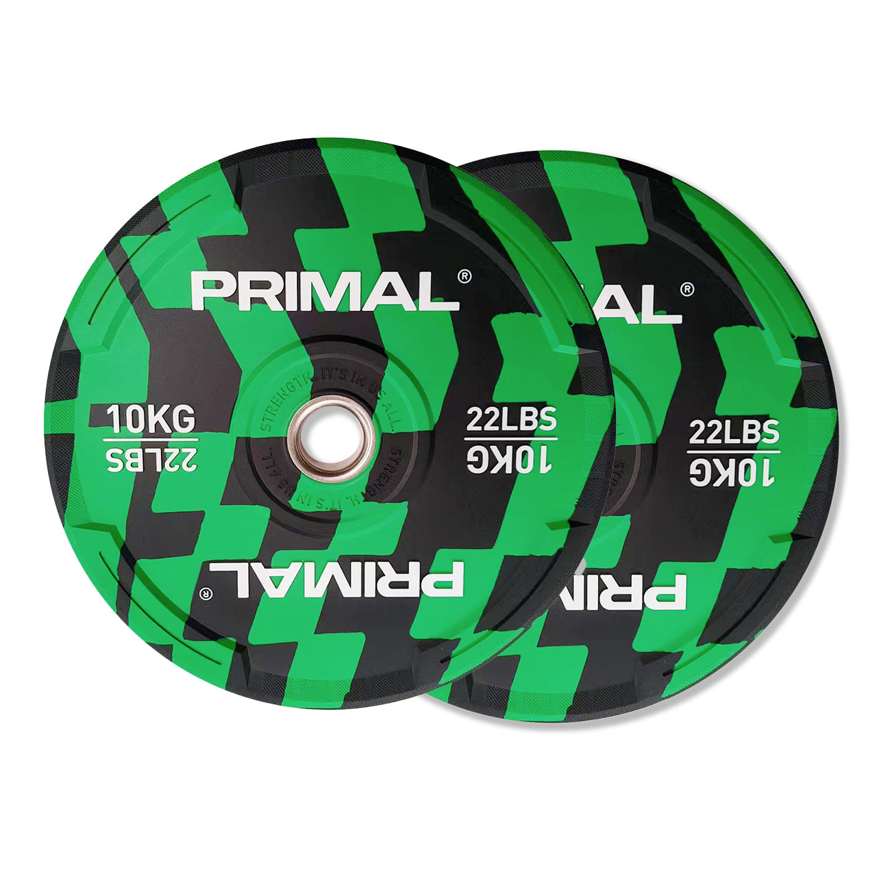 A pair of 10kg green and black patterned bumper plates.