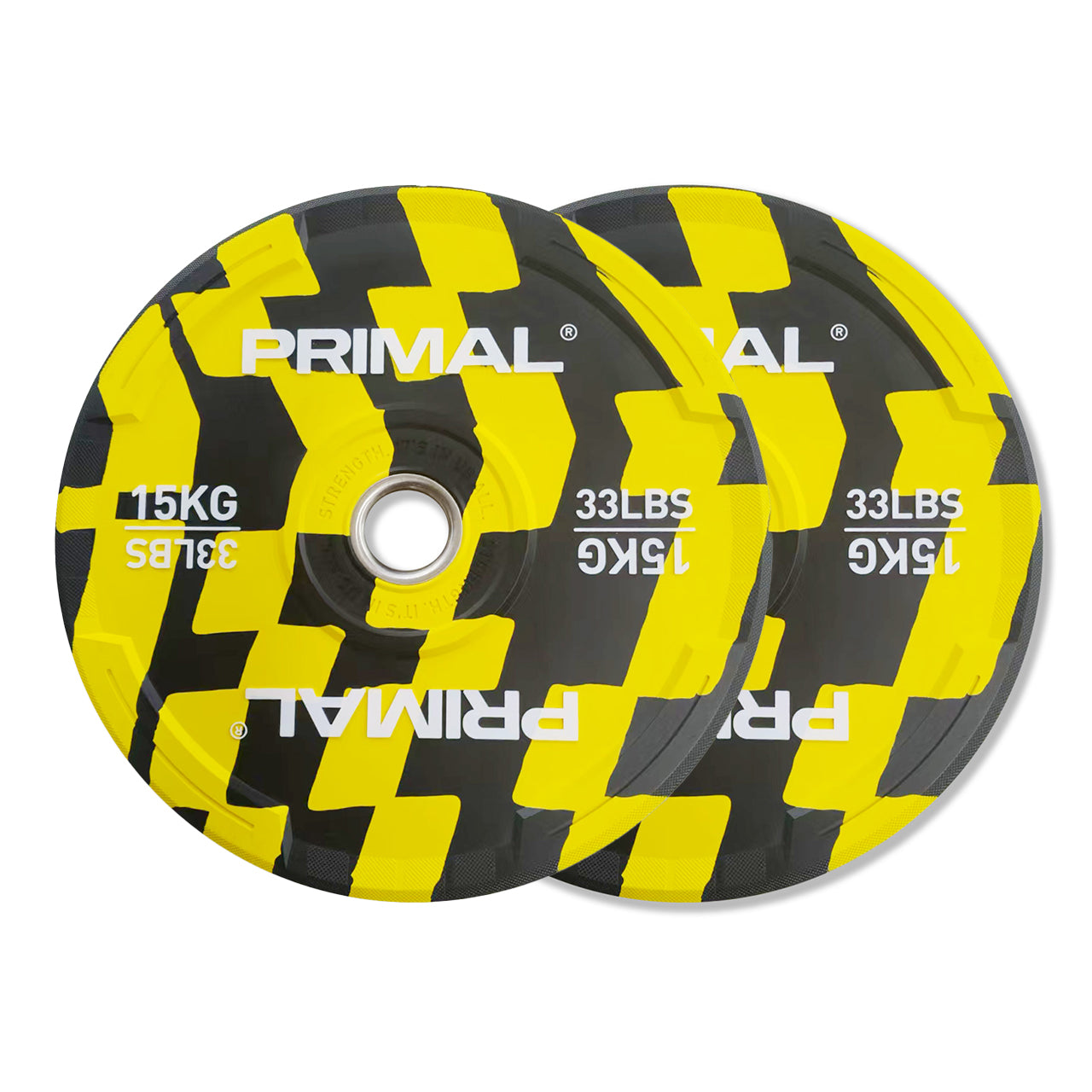 A pair of 15kg yellow and black patterned bumper plates.