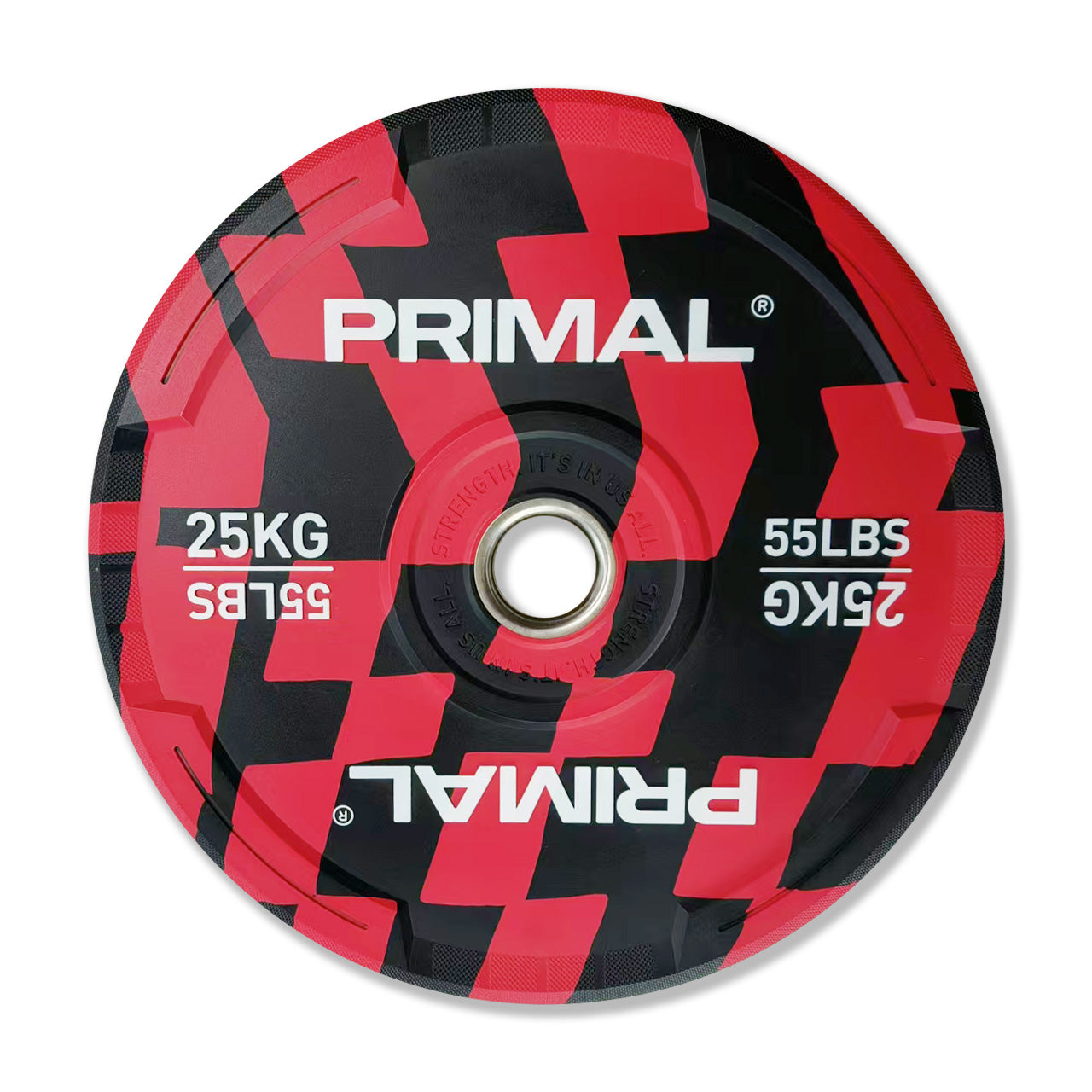 A 25kg patterned colour rubber bumper plate.