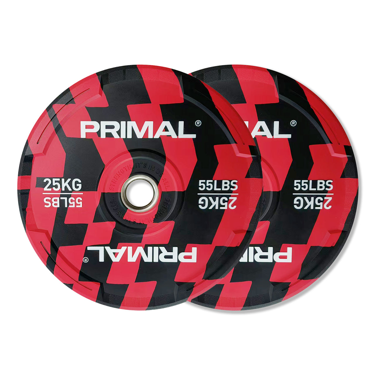 A pair of 25kg red and black patterned bumper plates.