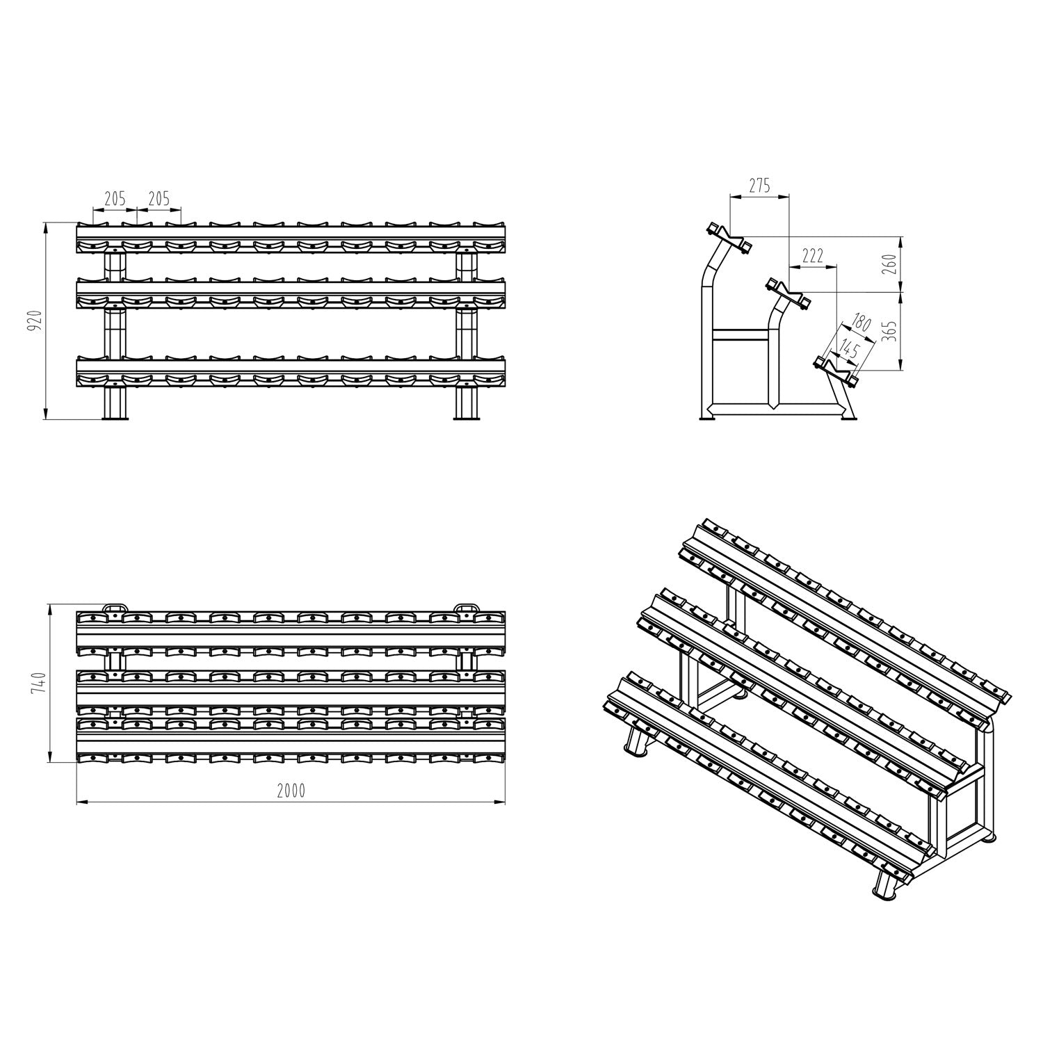 a diagram and dimensions of a 3 tier dumbbell rack