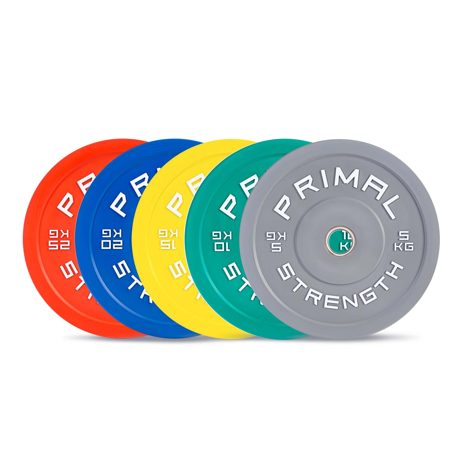 a range of four different olympic rubber bumper plates all different weights and colours