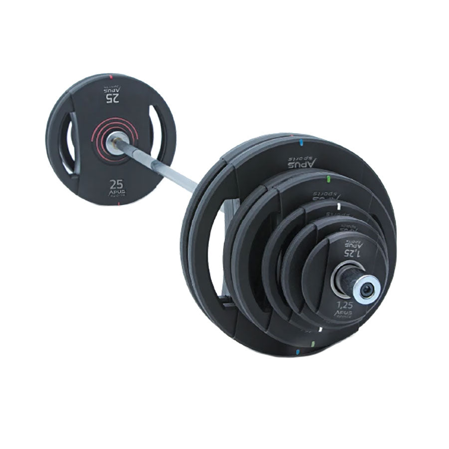 a gym barbell loaded with urethane weight discs